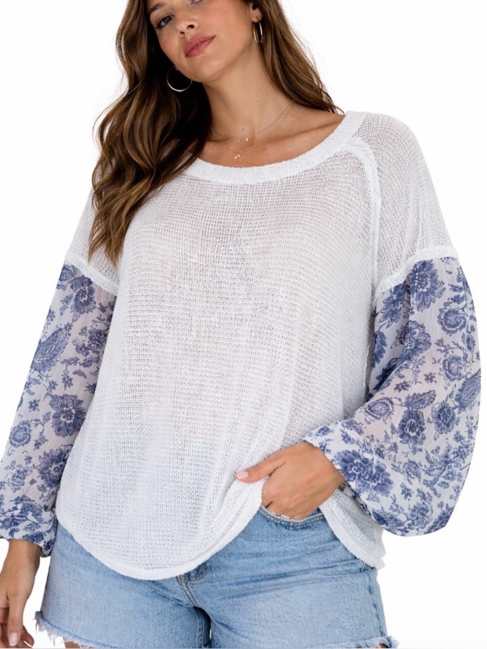 Blue Rain balloon sleeve knit body flowy boxy blouse SZ SM